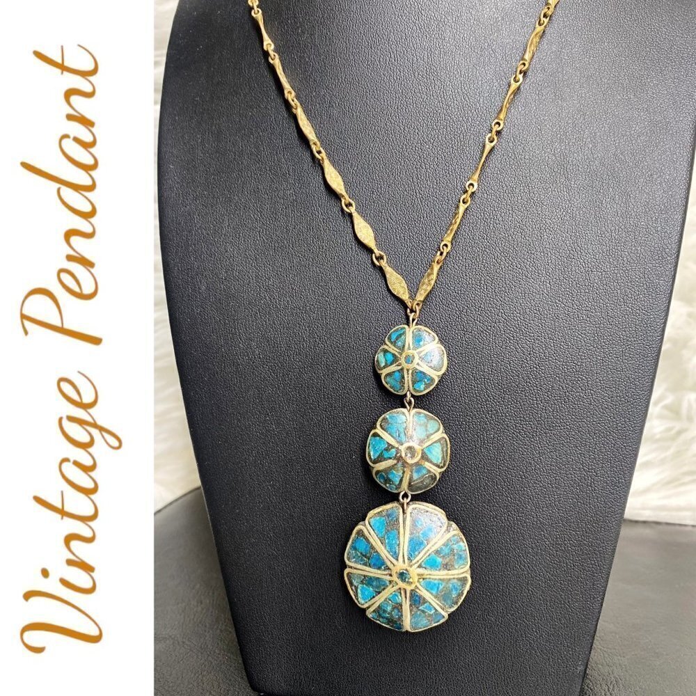 VTG Turquoise-Tone Enamel Flower Pendant Necklace Artisan Gold Tone Statement